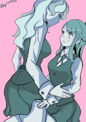 Rule 34 | 2girls, blush, by07070721, diana cavendish, hand on thigh, highres, kagari atsuko, little witch academia, long hair, looking at another, luna nova school uniform, monochrome, multicolored hair, multiple girls, nervous, pink background, school uniform, sweatdrop, twitter username, two-tone hair, wavy hair, wavy mouth, yuri