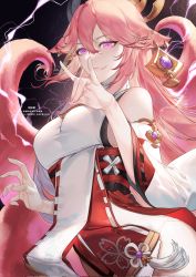 Rule 34 | 1girl, animal ears, artist name, bare shoulders, blouse, breasts, commentary, dress, fang, fang out, fox ears, fox shadow puppet, fox tail, genshin impact, hair between eyes, hand up, highres, instagram username, lightning, long hair, looking at viewer, medium breasts, purple eyes, purple hair, shei99, shirt, sidelocks, skin fang, sleeveless, sleeveless dress, smile, solo, tail, turtleneck dress, twitter username, white dress, white shirt, yae miko