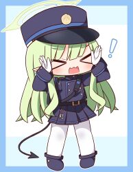 Rule 34 | !, &gt; &lt;, 1girl, black skirt, blue archive, blue background, blue border, blue footwear, blue hat, blue jacket, blush, border, chibi, demon tail, facing viewer, full body, gloves, green hair, halo, hana kazari, hands up, hat, hikari (blue archive), highres, jacket, long hair, open mouth, pantyhose, peaked cap, pleated skirt, pointy ears, shoes, skirt, solo, standing, tail, two-tone background, very long hair, wavy mouth, white background, white gloves, white pantyhose