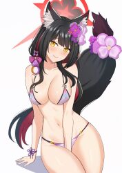 Rule 34 | 1girl, animal ear fluff, animal ears, arm support, bikini, black hair, blue archive, blush, bracelet, breasts, cleavage, collarbone, colored inner hair, eyeshadow, flower, fox ears, fox girl, fox tail, hair between eyes, hair flower, hair ornament, halo, head tilt, highres, jewelry, long hair, looking at viewer, makeup, medium breasts, multicolored hair, navel, official alternate costume, purple bikini, red eyeshadow, senapops, sidelocks, simple background, sitting, sleeveless, smile, solo, spaghetti strap, stomach, swimsuit, tail, thick thighs, thighs, two-tone hair, wakamo (blue archive), wakamo (swimsuit) (blue archive), white background, yellow eyes