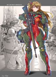 Rule 34 | 1girl, 3boys, aiming, armor, artist name, blue eyes, bodysuit, breasts, cable, clenched hand, english text, floating hair, foregrip, gun, handgun, helmet, highres, holding, holding gun, holding weapon, jazz kawa sodom, multiple boys, neon genesis evangelion, orange hair, pistol, plugsuit, power armor, red bodysuit, rifle, scope, small breasts, sniper rifle, solo focus, souryuu asuka langley, swat, two side up, weapon