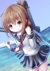 Rule 34 | 10s, 1girl, anchor, anchor symbol, bad id, bad pixiv id, beach, black skirt, brown eyes, brown hair, clenched hands, close-up, collarbone, commentary request, cowboy shot, dutch angle, fisheye, folded ponytail, highres, horizon, inazuma (kancolle), kantai collection, long sleeves, looking at viewer, missile228, ocean, outdoors, personification, pleated skirt, sailor collar, shirt, short hair, skirt, smile, solo, standing, turret, water, white shirt