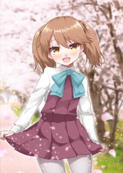 Rule 34 | 1girl, :d, blue bow, blue bowtie, blurry, blush, bow, bowtie, brown hair, cherry blossoms, collared shirt, commentary request, cosplay, cowboy shot, depth of field, dress, falling petals, grey pantyhose, kantai collection, kirigakure (kirigakure tantei jimusho), long sleeves, looking at viewer, open mouth, outdoors, pantyhose, path, petals, pleated dress, road, ryuujou (kancolle), school uniform, shirt, skirt hold, smile, solo, spring (season), tree, twintails, white shirt, yuugumo (kancolle), yuugumo (kancolle) (cosplay)