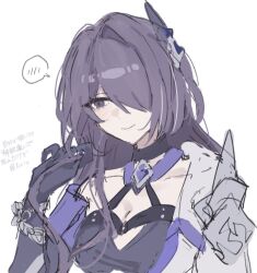 Rule 34 | 1girl, 43ld6, acheron (honkai: star rail), armor, black gloves, black shirt, breasts, chain, chain around arm, cleavage, collarbone, criss-cross halter, crop top, gloves, hair intakes, hair ornament, hair over one eye, halterneck, honkai: star rail, honkai (series), large breasts, multicolored hair, purple eyes, purple hair, shirt, shoulder armor, simple background, single bare shoulder, smile, solo, spoken blush, streaked hair, translation request, white background