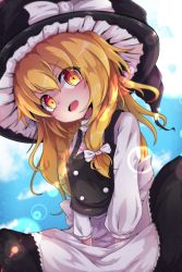 Rule 34 | 1girl, absurdres, apron, black hat, black vest, blonde hair, blue sky, chinese commentary, cowboy shot, day, hat, highres, kirisame marisa, lens flare, long hair, long sleeves, looking at viewer, open mouth, orange eyes, outdoors, shen li, sky, solo, touhou, vest, waist apron, witch hat