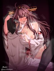 Rule 34 | 1boy, 1girl, admiral (kancolle), ahoge, alternate hairstyle, artist name, blush, boots, breasts, brown hair, clothed sex, collarbone, commentary request, commission, cosplay, detached sleeves, epaulettes, frilled skirt, frills, hair down, hair ornament, hairband, hairclip, haruna (kancolle), haruna kai ni (kancolle), haruna kai ni (kancolle) (cosplay), headgear, heart, heart-shaped pupils, hetero, highres, japanese clothes, kantai collection, kongou (kancolle), large breasts, long hair, m.a.o, military uniform, naval uniform, nipples, nontraditional miko, nose blush, red skirt, ribbon-trimmed sleeves, ribbon trim, sex, skeb commission, skirt, straddling, symbol-shaped pupils, thigh boots, tongue, tongue out, twitter username, uniform, upright straddle, vaginal, very long hair