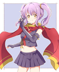 Rule 34 | 10s, 1girl, bad id, bad pixiv id, black gloves, cape, contrapposto, cowboy shot, elbow gloves, fingerless gloves, gauntlets, gloves, highres, long hair, midriff, navel, official style, pleated skirt, purple hair, purple skirt, red cape, release the spyce, rikopin, sagami fuu, shuriken, skirt, smile, solo, twintails, weapon, yellow eyes