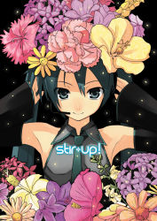 Rule 34 | 1girl, armpits, arms up, carnation, detached sleeves, flower, green eyes, green hair, hair flower, hair ornament, hands on headphones, hatsune miku, headset, hibiscus, long hair, matching hair/eyes, smile, solo, twintails, upper body, vocaloid, yada ei