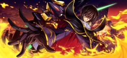 Rule 34 | 1boy, arm at side, artist request, ascot, black cape, black gloves, black hair, cape, coat, code geass, code geass: lost stories, embers, fire, game cg, gawain (code geass), gloves, gold trim, hair between eyes, happy, high collar, lelouch vi britannia, looking at viewer, male focus, mecha, night, non-web source, official art, outdoors, outstretched arm, parted lips, purple coat, purple eyes, reaching, reaching towards viewer, red eyes, robot, ruins, short hair, sidelocks, smile, solo, spread fingers, standing, teeth, two-tone cape, underlighting, upper body, v-shaped eyebrows, white ascot, zero (code geass)