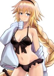 Rule 34 | 1girl, bare shoulders, bikini, black bikini, blonde hair, blue eyes, blue hoodie, blush, braid, breasts, cleavage, closed mouth, collarbone, commentary request, cowboy shot, fate/grand order, fate (series), frilled bikini, frills, front-tie bikini top, front-tie top, hairband, highres, hood, hoodie, jacket, jeanne d&#039;arc (fate), jeanne d&#039;arc (ruler) (fate), jeanne d&#039;arc (swimsuit archer) (fate), jeanne d&#039;arc (swimsuit archer) (first ascension) (fate), large breasts, long hair, long sleeves, looking at viewer, sidelocks, simple background, smile, solo, standing, swimsuit, very long hair, white background, yuuka (a0240765)