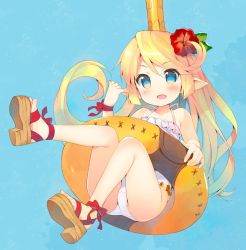 Rule 34 | 10s, 1girl, ass, blonde hair, blue background, blue eyes, casual one-piece swimsuit, charlotta (granblue fantasy), crown, fang, feet, flower, granblue fantasy, hair flower, hair ornament, harvin, innertube, legs, legs up, long hair, meito (maze), one-piece swimsuit, open mouth, pointy ears, sandals, simple background, smile, solo, swim ring, swimsuit, toes, very long hair, white one-piece swimsuit