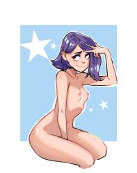 Rule 34 | 1girl, breasts, collarbone, completely nude, earclip, highres, javehorny, navel, nipples, nude, original, purple hair, short hair, simple background, small breasts, solo, star (symbol), thighs