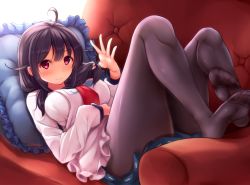 Rule 34 | 10s, 1girl, ahoge, black pantyhose, breasts, couch, feet, hair flaps, highres, kantai collection, long hair, looking at viewer, low twintails, magatama, neckerchief, nicoby, no shoes, pantyhose, purple hair, red eyes, school uniform, serafuku, smile, soles, solo, taigei (kancolle), toes, twintails, whale