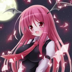 Rule 34 | 1girl, bat wings, blush, breasts, fang, full moon, head wings, impossible clothes, koakuma, large breasts, long hair, moon, necktie, open mouth, osashin (osada), red eyes, red hair, red necktie, smile, solo, touhou, vest, wings