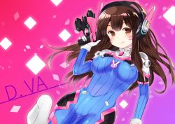 Rule 34 | 1girl, :q, absurdres, bad id, bad pixiv id, bodysuit, breasts, brown eyes, brown hair, covered erect nipples, covered navel, cowboy shot, d.va (overwatch), facial mark, gloves, gradient background, gun, headphones, highres, licking lips, liechi, long hair, looking at viewer, medium breasts, overwatch, overwatch 1, pilot suit, purple background, skin tight, smile, solo, swept bangs, tongue, tongue out, trigger discipline, weapon, whisker markings, white gloves