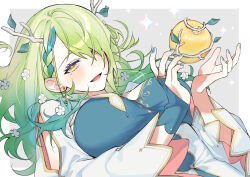 Rule 34 | 1girl, antlers, apple, braid, breasts, ceres fauna, earrings, flower, food, french braid, fruit, golden apple, green hair, green nails, hair flower, hair ornament, hair over one eye, highres, hololive, hololive english, horns, jewelry, large breasts, leaf, long hair, looking at viewer, lying, on back, open mouth, since2019, smile, solo, upper body, virtual youtuber, yellow eyes
