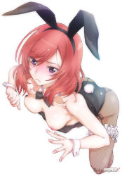 Rule 34 | 10s, 1girl, :&lt;, all fours, animal ears, bare shoulders, black pantyhose, breasts, breasts out, circle name, collarbone, detached collar, fake animal ears, fishnet pantyhose, fishnets, leotard, love live!, love live! school idol project, medium breasts, nipples, nishikino maki, pantyhose, playboy bunny, purple eyes, rabbit, rabbit ears, rabbit tail, red hair, short hair, solo, tail, white background, wrist cuffs, yoshijima ataru