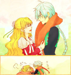 Rule 34 | &gt; &lt;, 1boy, 1girl, armor, blonde hair, blue eyes, blue hair, blush, braid, breasts, claire bennett, closed eyes, comic, flower, frills, gloves, happy, long hair, open mouth, ribbon, scarf, single braid, smile, tales of (series), tales of rebirth, translated, veigue lungberg