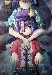 Rule 34 | 2girls, arms around neck, bags under eyes, beret, blouse, blue hair, expressionless, floral print, foreshortening, fuente, hair between eyes, hair ornament, hair stick, hat, highres, jitome, kaku seiga, looking at viewer, miyako yoshika, multiple girls, no eyes, ofuda, outstretched arms, puffy short sleeves, puffy sleeves, purple eyes, purple hair, revision, shaded face, shawl, shirt, short hair, short sleeves, smirk, solo focus, star (symbol), touhou, upper body, zombie pose