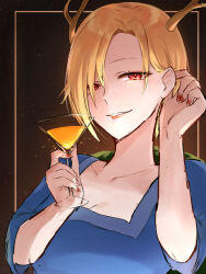 Rule 34 | 1girl, antlers, blonde hair, blue shirt, cocktail glass, cup, dragon girl, dragon horns, drinking glass, highres, holding, holding cup, horns, kicchou yachie, looking at viewer, nano popo02, red eyes, shirt, short hair, smile, square neckline, touhou, turtle shell, yellow horns