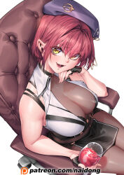 Rule 34 | 1girl, alcohol, bare shoulders, black bra, black gloves, black pantyhose, bodystocking, bra, breasts, chair, cleavage, cowboy shot, cup, drinking glass, fingerless gloves, from above, gloves, half gloves, hat, heterochromia, highres, hololive, houshou marine, large breasts, naidong (artist), pantyhose, patreon username, red eyes, red hair, shirt, short hair, simple background, sitting, sleeveless, solo, underwear, virtual youtuber, white background, white shirt, wine, wine glass, yellow eyes