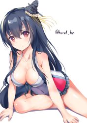 Rule 34 | 10s, 1girl, alternate costume, arm support, bare legs, black hair, breasts, covered navel, fusou (kancolle), hair between eyes, hair ornament, henet hene, kantai collection, large breasts, leaning forward, long hair, looking at viewer, one-piece swimsuit, outstretched leg, red eyes, simple background, sitting, smile, solo, swimsuit, thighs, twitter username, white background