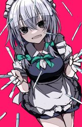 Rule 34 | 1girl, absurdres, apron, bad id, bad twitter id, blue dress, bow, bowtie, braid, breasts, collar, dress, eyes visible through hair, green bow, green bowtie, grey eyes, hair between eyes, hair bow, hands up, highres, izayoi sakuya, knife, looking at viewer, maid, maid headdress, medium breasts, open mouth, pink background, puffy short sleeves, puffy sleeves, short hair, short sleeves, silver hair, simple background, smile, solo, standing, touhou, twin braids, weapon, white apron, yonoisan