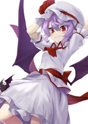 Rule 34 | 1girl, akisome hatsuka, arms up, ascot, bat (animal), bat wings, fangs, grin, hat, hat ribbon, mob cap, pointy ears, purple hair, red ascot, red eyes, red ribbon, remilia scarlet, ribbon, shirt, short hair, simple background, skirt, smile, solo, touhou, white background, white hat, white shirt, white skirt, wings