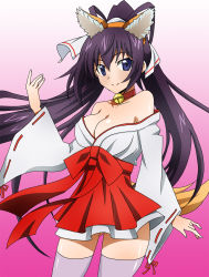 Rule 34 | 10s, 1girl, animal ears, bare shoulders, bell, black hair, blue eyes, breasts, cleavage, fox ears, gradient background, highres, infinite stratos, japanese clothes, jingle bell, long hair, masako (sabotage-mode), miko, ponytail, shinonono houki, solo, tail, thighhighs