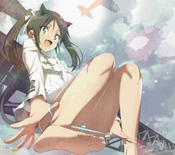 Rule 34 | 1girl, aeroplane, animal ears, barefoot, black hair, cat ears, fake animal ears, fang, feet, foreshortening, francesca lucchini, green eyes, hair ribbon, jet yowatari, long hair, looking at viewer, open mouth, panties, ribbon, soles, strike witches, striped clothes, striped panties, tail, toes, twintails, underwear, unworn panties, world witches series