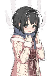 Rule 34 | 1girl, ahoge, black hair, blush, brown eyes, character name, curtained hair, dot nose, double-parted bangs, dress, embarrassed, fur-trimmed sweater, fur trim, idolmaster, idolmaster cinderella girls, kohinata miho, kuresuku (lessons), long sleeves, looking at viewer, looking to the side, open mouth, plaid, plaid dress, scarf, short hair, shy, sidelocks, solo, steam, steaming body, sweat, sweater, waist ribbon, wavy mouth