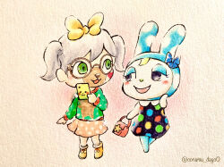 Rule 34 | 2girls, :3, animal crossing, animal nose, artist name, bag, black dress, black eyes, blonde hair, blue bow, blue eyeshadow, blush, bow, brown-framed eyewear, cellphone, collared dress, conachun, dress, eye contact, eyeshadow, facepaint, female focus, francine (animal crossing), full body, furry, furry female, glasses, green eyes, green sweater, grey hair, hair bow, half-closed eyes, hand on own cheek, hand on own face, hand up, handbag, happy, heart, highres, holding, holding bag, holding phone, long sleeves, looking at another, looking to the side, makeup, miniskirt, multiple girls, nintendo, open mouth, orange skirt, phone, polka dot, polka dot dress, polka dot skirt, rabbit ears, rabbit girl, round eyewear, shoes, short hair, simple background, skirt, sleeveless, sleeveless dress, smartphone, smile, standing, sweater, traditional media, twintails, twitter username, villager (animal crossing), watermark, yellow bow, yellow footwear