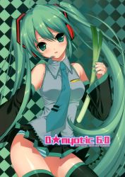 Rule 34 | 1girl, absurdres, aqua nails, bare shoulders, black thighhighs, blush, detached sleeves, dmyotic, green eyes, green hair, hatsune miku, headset, highres, long hair, matching hair/eyes, microphone, nail polish, necktie, panties, pantyshot, shirahane nao, solo, spring onion, striped clothes, striped panties, thighhighs, underwear, vocaloid