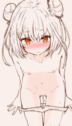 Rule 34 | 1girl, blush, breasts, cleft of venus, flat chest, hololive, looking at viewer, nipples, orange eyes, pussy, pussy juice, pussy juice trail, ruma b, sketch, small breasts, solo, undressing, uruha rushia, virtual youtuber
