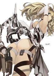 Rule 34 | 1girl, ahoge, armpits, ass, bare shoulders, blonde hair, blue eyes, cowboy shot, dated, detached sleeves, from behind, from below, leotard, mecha musume, mechanical parts, mechanical tail, messy hair, original, rayvon, simple background, solo, stretching, tail, thigh strap, unitard, updo, white background