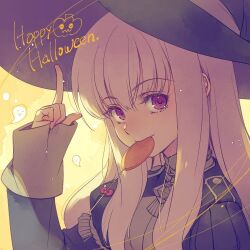 Rule 34 | 1girl, black hat, candy, commentary request, fire emblem, fire emblem: three houses, food, garreg mach monastery uniform, hair between eyes, halloween, happy halloween, hat, index finger raised, large hat, lollipop, long hair, looking at viewer, lowres, lysithea von ordelia, mouth hold, nerikiri6, nintendo, purple eyes, sleeves past wrists, smile, solo, uniform, white hair, witch hat, yellow background