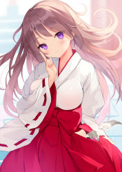Rule 34 | 1girl, blurry, blurry background, blush, breasts, brown hair, commentary request, depth of field, gedou (shigure seishin), hakama, hakama skirt, head tilt, highres, index finger raised, japanese clothes, kimono, long hair, long sleeves, looking at viewer, medium breasts, miko, money, original, parted lips, purple eyes, red hakama, ribbon-trimmed sleeves, ribbon trim, skirt, smile, solo, very long hair, white kimono, wide sleeves