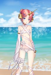 Rule 34 | 1girl, asymmetrical sleeves, bandaged arm, bandaged knees, bandaged leg, bandages, bare shoulders, beach, blue eyes, blurry, blurry background, blush, breasts, commentary request, day, double bun, fate/grand order, fate (series), feet out of frame, flower, frankenstein&#039;s monster (fate), frankenstein&#039;s monster (swimsuit saber) (fate), frankenstein&#039;s monster (swimsuit saber) (third ascension) (fate), hair bun, hair ornament, hair over one eye, highres, horns, looking at viewer, outdoors, pink hair, short hair, single horn, sleeves past fingers, sleeves past wrists, small breasts, solo, uneven sleeves, white flower, yansae81