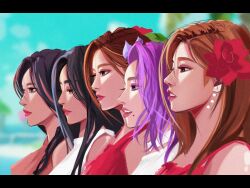 Rule 34 | 5girls, alcohol-free (twice), blue hair, blurry, blurry background, brown eyes, chaeyoung (twice), dress, expressionless, eyeshadow, flower, from side, hair flower, hair ornament, highres, jihyo (twice), k-pop, letterboxed, looking down, makeup, mina (twice), mole, mole under mouth, multicolored hair, multiple girls, open mouth, parted lips, purple eyes, purple hair, real life, red dress, red eyes, red eyeshadow, red flower, red lips, retsu (retsudraws), sana (twice), shirt, sleeveless, sleeveless shirt, smile, streaked hair, twice (group), tzuyu (twice), white dress, white shirt