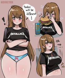 Rule 34 | !, 1girl, absurdres, artist name, bags under eyes, band shirt, belly, black shirt, blue panties, blush, breasts, brown eyes, brown hair, burger, closed eyes, closed mouth, commentary, cropped torso, crossed arms, eating, energy drink, food, frown, highres, large breasts, long hair, merchandise, metallica, midriff, monster energy, multiple views, my melody, nail polish, navel, noiretox, onegai my melody, original, panties, parted lips, plump, sanrio, shirt, simple background, solo, speech bubble, sweat, t-shirt, thighs, underwear, very long hair, watermark, weight conscious