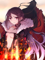 Rule 34 | 1boy, 1girl, black dress, black jacket, breasts, brown hair, character request, collarbone, commentary request, dress, ear piercing, earrings, facing away, fang, fang out, fate/grand order, fate (series), fire, fur-trimmed jacket, fur trim, jacket, jewelry, long hair, looking at viewer, open clothes, open jacket, parted lips, piercing, red eyes, small breasts, solo focus, strapless, strapless dress, swept bangs, tsuezu, very long hair, yu mei-ren (fate)