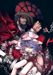 Rule 34 | :d, arc system works, bat wings, beard, blue hair, brooch, brown hair, cape, chain, crossover, facial hair, fangs, fingernails, foreshortening, guilty gear, hat, hat ribbon, highres, jewelry, mustache, nail art, open mouth, red eyes, remilia scarlet, ribbon, ring, serizawa mutsuki, short hair, slayer (guilty gear), smile, touhou, veins, wings