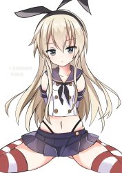 Rule 34 | 1girl, black hairband, black neckerchief, black panties, blonde hair, blue sailor collar, blue skirt, cowboy shot, crop top, elbow gloves, fathom, gloves, grey eyes, hairband, highleg, highleg panties, highres, kantai collection, long hair, looking at viewer, microskirt, miniskirt, neckerchief, panties, sailor collar, shimakaze (kancolle), simple background, sitting, skirt, solo, striped clothes, striped thighhighs, thighhighs, twitter username, underwear, wariza, white background, white gloves