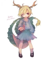 Rule 34 | 1girl, ahoge, antlers, aqua skirt, artist name, black footwear, blonde hair, blue shirt, collarbone, commentary request, dated, doryata, dragon horns, dragon tail, eyebrows hidden by hair, eyeshadow, full body, hair between eyes, highres, horns, kicchou yachie, light blush, light smile, looking at viewer, makeup, mary janes, one-hour drawing challenge, one eye closed, parted lips, red eyes, red eyeshadow, shirt, shoes, short hair, signature, simple background, sketch, skirt, solo, standing, tail, touhou, turtle shell, white background