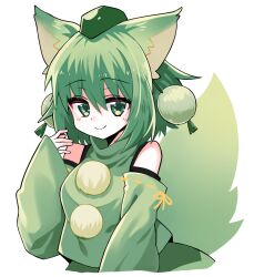 Rule 34 | 1girl, alternate color, alternate eye color, alternate hair color, animal ears, blush, breasts, closed mouth, commentary request, detached sleeves, green eyes, green hair, green hat, green shirt, green skirt, green sleeves, hat, highres, inubashiri momiji, looking at viewer, medium bangs, medium breasts, pokopoko ponzu, pom pom (clothes), ribbon-trimmed sleeves, ribbon trim, shirt, short hair, simple background, skirt, sleeveless, sleeveless shirt, sleeves past wrists, smile, solo, tail, tokin hat, touhou, upper body, white background, wolf ears, wolf girl, wolf tail