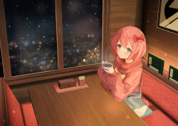 Rule 34 | 1girl, absurdres, bag, blue eyes, blurry, blush, bow, city lights, cityscape, closed mouth, coffee, commentary, commission, cup, doki doki literature club, english commentary, hair between eyes, hair bow, handbag, highres, holding, holding cup, indoors, jacket, long sleeves, looking at viewer, mug, mxsoundtube, night, night sky, pink hair, pink sweater, pixiv commission, plaid, plaid scarf, puffy long sleeves, puffy sleeves, red bow, red scarf, restaurant, ribbed sweater, sayori (doki doki literature club), scarf, short hair, shoulder bag, sitting, skirt, sky, sleeves past wrists, smile, snow, snowing, solo, star (sky), starry sky, steam, striped, sweater, table, window, winter