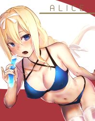 Rule 34 | 1girl, alice zuberg, arm behind back, bare shoulders, bent over, bikini, blonde hair, blue bikini, blue eyes, blush, braid, breasts, character name, cleavage, collarbone, commentary request, food, hair between eyes, hairband, highres, holding, holding food, i-pan, ice, long hair, looking at viewer, navel, open mouth, ribbon, solo, swimsuit, sword art online, thighhighs, very long hair, white thighhighs
