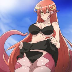 Rule 34 | 1girl, ;), bare shoulders, bikini, bikini skirt, bikini top only, black skirt, breasts, closed mouth, clothes lift, hair between eyes, hair ornament, hairclip, heart, horizon, lamia, large breasts, long hair, looking at viewer, looking down, lowres, midriff, miia (monster musume), monster girl, monster musume no iru nichijou, one eye closed, panties, pointy ears, poncho (artist), red hair, scales, skirt, skirt lift, sky, slit pupils, smile, swimsuit, tail, underwear, yellow eyes