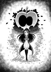 Rule 34 | 1girl, absurdres, asymmetrical bangs, bird, boots, closed mouth, coat, collared coat, commentary request, crossed arms, crosshatching, dress, eyelashes, flower, frown, full body, greyscale, hatching (texture), highres, holding, holding flower, leaf, long hair, monochrome, monster, open clothes, open coat, original, striped clothes, striped dress, sweater, sweater dress, thigh boots, v-shaped eyebrows, vertical-striped clothes, vertical-striped dress, yamato koara