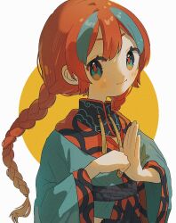 Rule 34 | 1girl, aqua jacket, blush, braid, closed mouth, commentary, highres, jacket, long hair, long sleeves, looking at viewer, multicolored hair, nagomi ( nagomi ), original, own hands together, palm-fist greeting, red hair, smile, solo, standing, streaked hair, symbol-only commentary, tassel, twin braids, upper body, white background, wide sleeves, yellow background